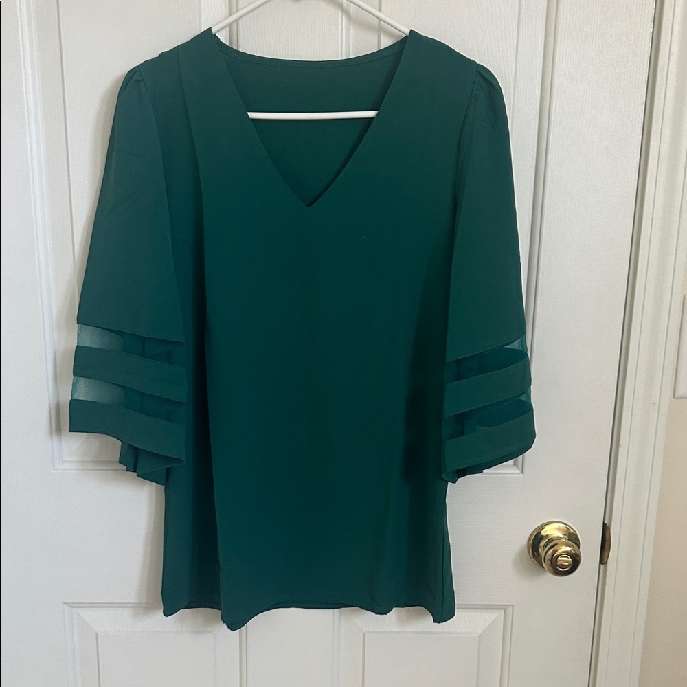 Amazon Teal V-Neck Blouse with Layered Sleeves